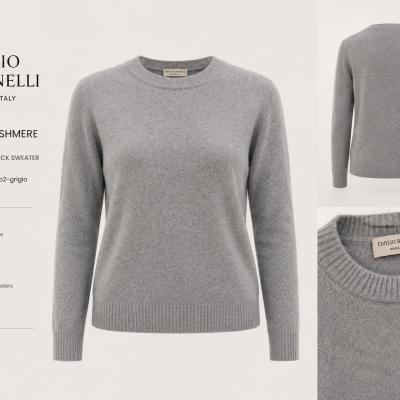 Camisola feminina cinzenta em cashmere com decote redondo e etiqueta da marca EMILIO ROMANELLI