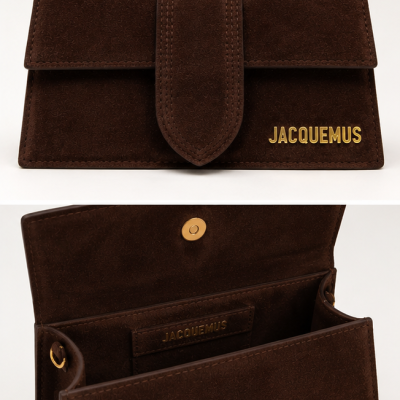 Brown suede Jacquemus handbag with gold text and magnetic closures, front and inside views