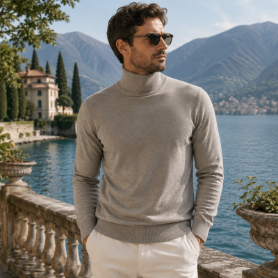 Man in light grey turtleneck sweater by lake with mountains and villa background