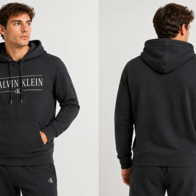 Men wearing a black Calvin Klein hoodie and matching pants, front and back views.