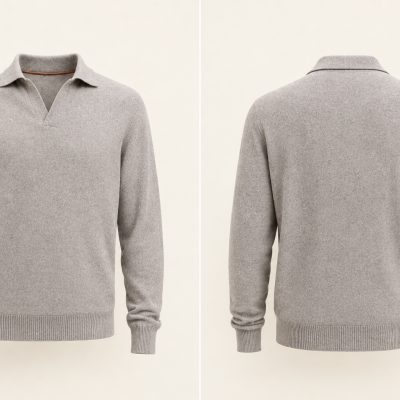 Light grey textured knit sweater with long sleeves and open collar front and back views.
