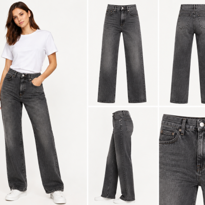 Black floral patterned straight-leg jeans worn by woman and shown from different angles
