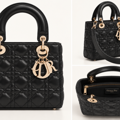 Black quilted leather Christian Dior handbag with gold hardware and DIOR charms