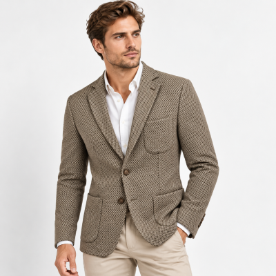 Homem a usar blazer bege texturizado com padrão geométrico escuro e camisa branca
