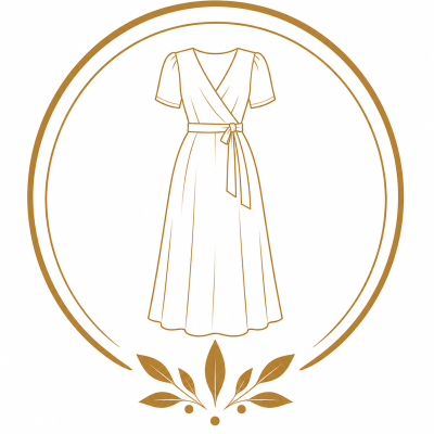 Golden outline illustration of a wrap dress with puff sleeves and a tie belt in a circular decorative frame.