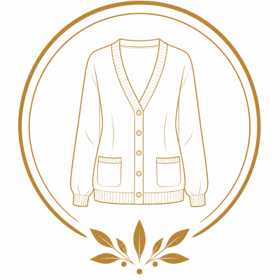Line drawing of a cardigan sweater inside a circular frame with leaf motif