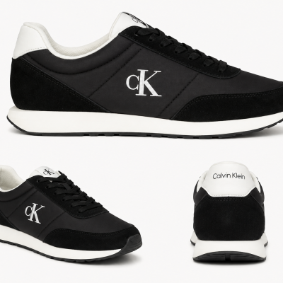 Black and white Calvin Klein sneakers with CK logo and white sole