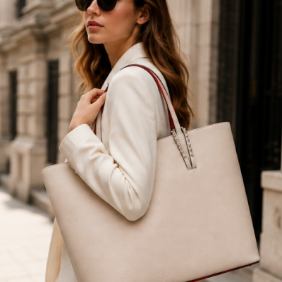 Woman with beige leather tote bag and sunglasses on city street