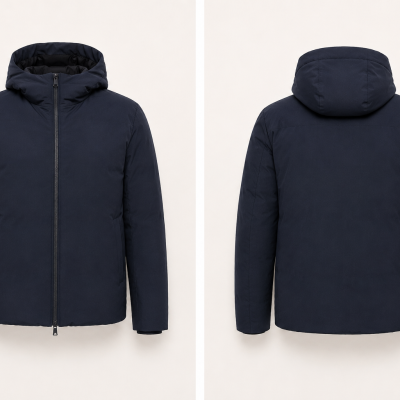 Navy blue padded winter jacket with hood front and back view