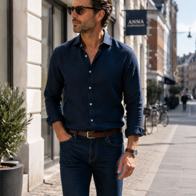 Homem com camisa azul e calças de ganga numa rua urbana ao lado de um edifício com placa azul