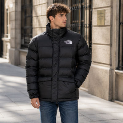 Man wearing black THE NORTH FACE quilted jacket and blue jeans on city street
