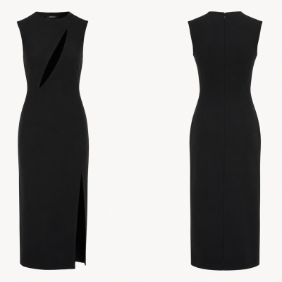 Black sleeveless midi dress with diagonal front cutout and front slit