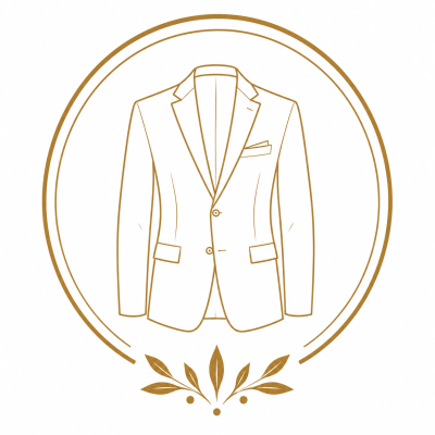 Line drawing of blazer suit jacket inside circular border with leaves
