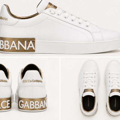 White Dolce & Gabbana sneakers with gold heel panels and branding from multiple angles