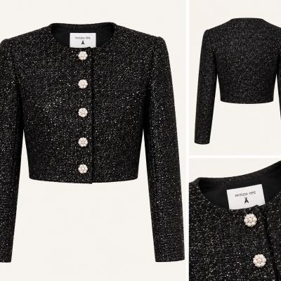 Black textured cropped jacket with pearl flower buttons from Patrizia Pepe.