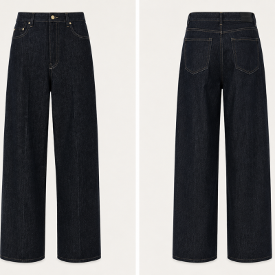 Dark blue wide-leg denim jeans front and back views