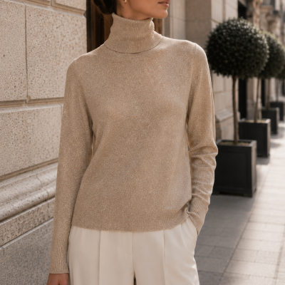 Woman in beige textured turtleneck sweater and cream pants holding taupe handbag outside Brunello Cucinelli store