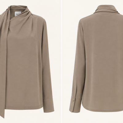 Beige taupe womens long-sleeve blouse with a draped neck tie and button cuffs shown front and back