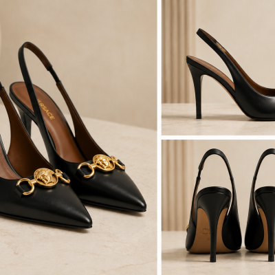 Black leather high-heeled slingback shoes with gold Medusa emblem and chain detail
