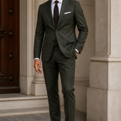 Homem a usar fato verde-escuro com camisa branca e gravata castanha, sapatos castanhos, de pé junto a coluna de pedra.