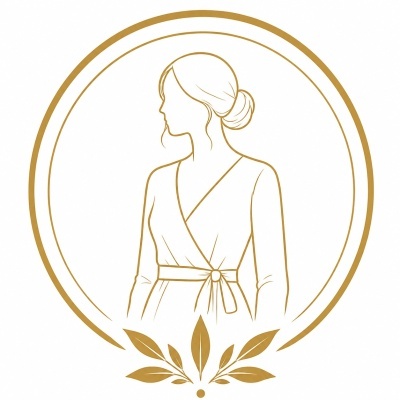 Golden line art of a woman in a wrap dress with bun hairstyle inside circles with leaves.