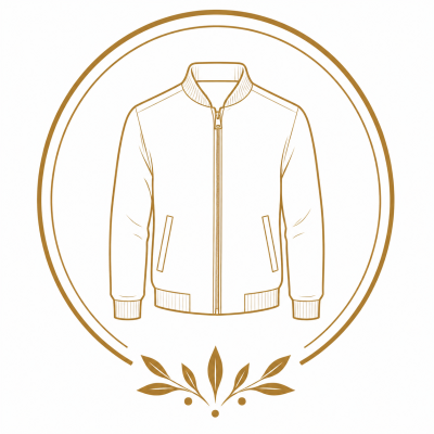 Line drawing of a jacket with zipper, ribbed collar, cuffs, and pockets inside a circular decorative frame