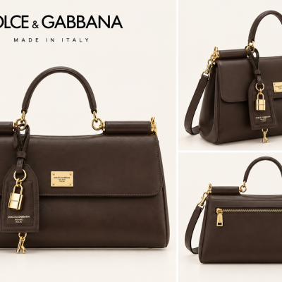 Mala de mão castanha escura Dolce & Gabbana com detalhes dourados e placa frente