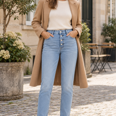 Mulher com casaco camel, camisola creme, jeans azul e mocassins bege em rua de pedra