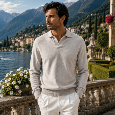 Man in light grey textured long-sleeve polo and cream trousers near lake with mountains