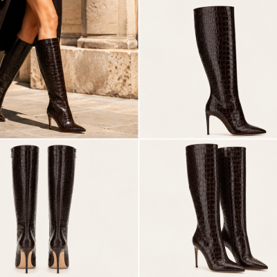 Dark brown crocodile pattern knee-high boots with stiletto heels shown in multiple views.
