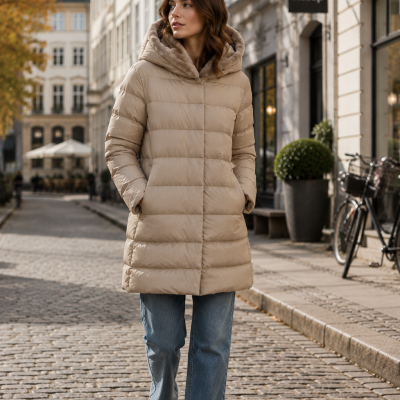 Woman in beige puffer coat and jeans walking on cobblestone street with Aesop store sign