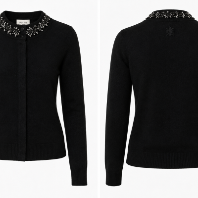 Black long-sleeve cardigan with beaded embellished collar and button front.