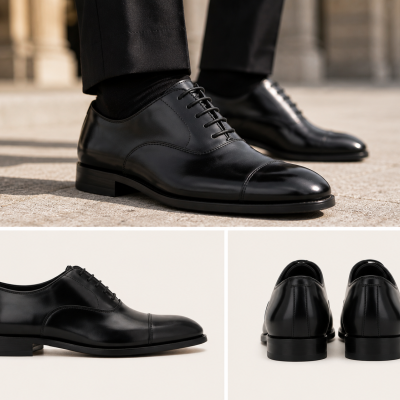 Black leather Oxford dress shoes with cap toes and low heels