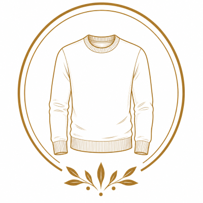 Sketch illustration of a plain long-sleeve sweater with ribbed collar, cuffs, and waistband inside a decorative circular frame.