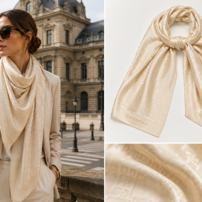 Beige Givenchy scarf with geometric pattern and logo shown worn by woman and close-up images.