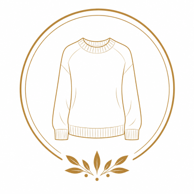 Line drawing of a sweater with ribbed edges inside circular lines with leaves.