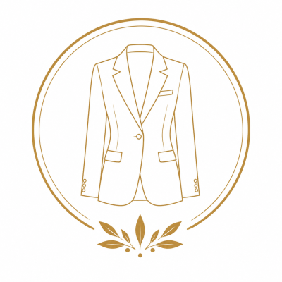 Line art of a blazer jacket inside a circular frame with decorative leaves
