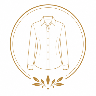 Gold line art of a womens long-sleeve button-down shirt inside a double circle with leaf decorations
