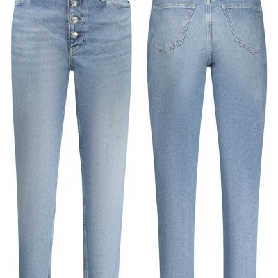Light blue denim jeans front and back view with button fly and CK leather patch