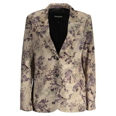 Blazer feminino floral bege e roxo Desigual com dois botões e bolsos