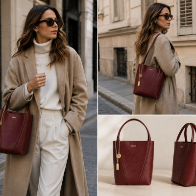 Woman in beige coat and white turtleneck with dark red Chloé leather handbag shown from front and back in urban street and studio settings.