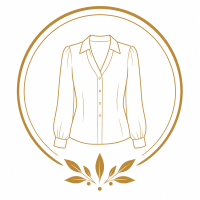 Line drawing of long-sleeve button-up shirt with collar, circular gold frame, and decorative leaves