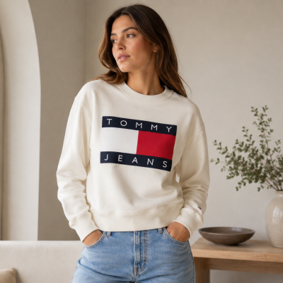Woman wearing cream sweatshirt with Tommy Jeans logo and light blue jeans in a neutral room