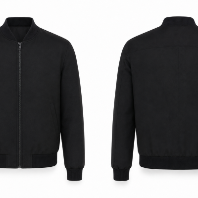 Casaco bomber preto com fecho e bolsos