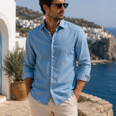 Man in light blue denim shirt and beige pants standing outdoors by the sea.