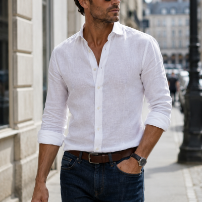Homem com camisa branca de linho, jeans azul escuro e óculos de sol numa rua urbana