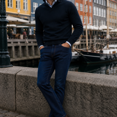 Homem com camisola azul escura, jeans e botas castanhas junto a canal com barcos