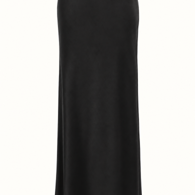 Long black satin skirt on white background