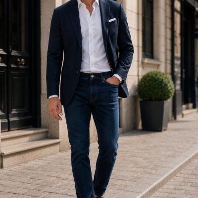 Homem vestido com blazer azul escuro, camisa branca e jeans azul escuro a andar na calçada