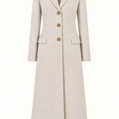 Long beige patterned womens coat with buttons and flap pockets